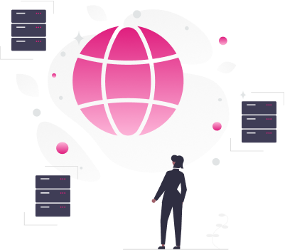 An illustration showcasing office worker overlooking three server clusters and a globe icon