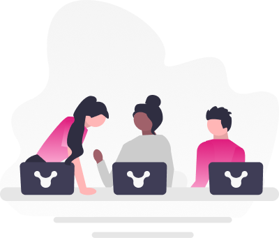 An illustration showcasing three people working in front of laptops.