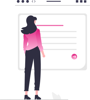 A woman is standing in a front of a big website